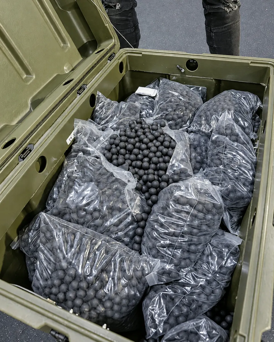 An open field case packed with bags of .68 caliber rounds