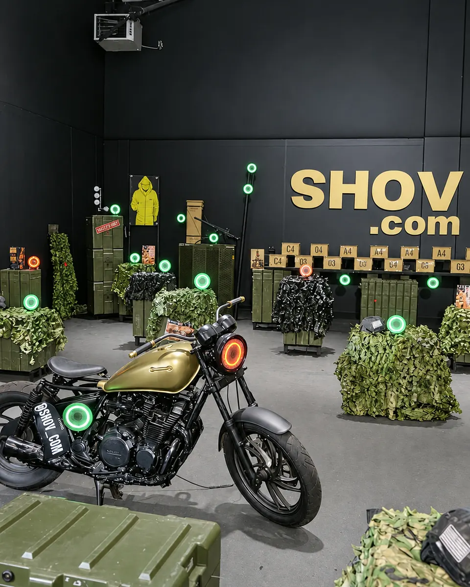 The SHOV arena: targets, camouflage netting, a motorcycle target and the SHOV.com wall