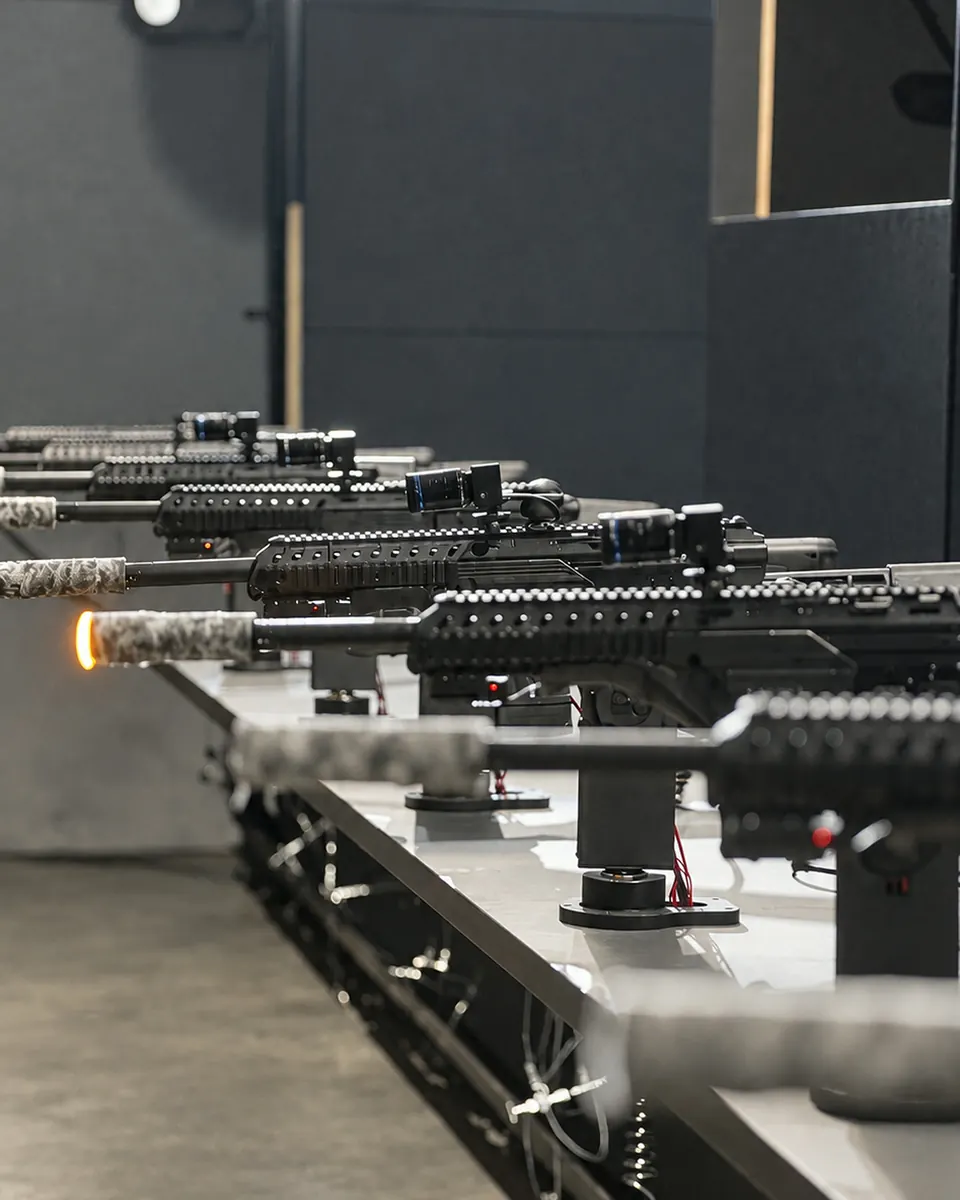 A line of SHOV gun turrets firing from the bench, one muzzle lit