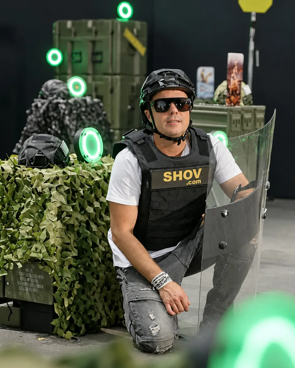 A player kneeling downrange behind a riot shield, lit ring targets beside him