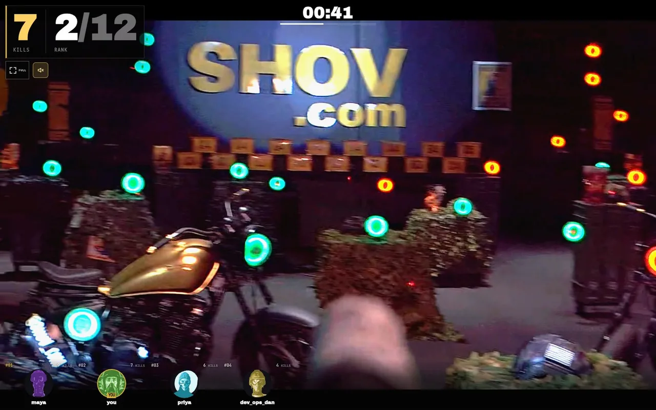 Recorded SHOV browser gameplay with real gun turrets, active targets, a match timer and scores