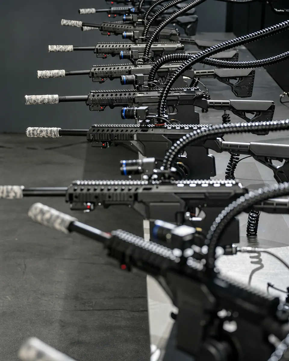 The turret bench from the side: markers, scope cameras, air lines and control cabling