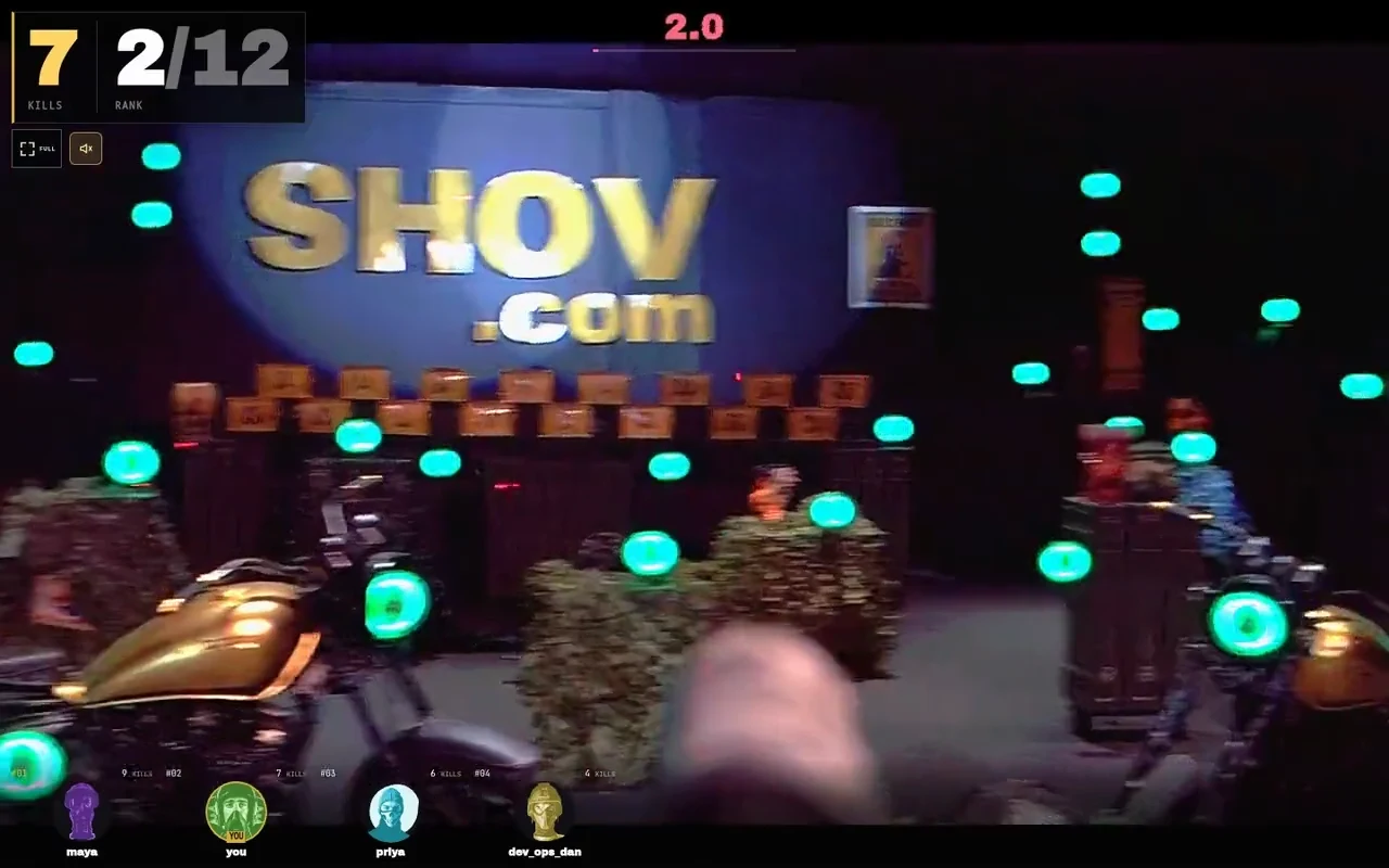 Recorded browser gameplay showing a real Shov gun turret match