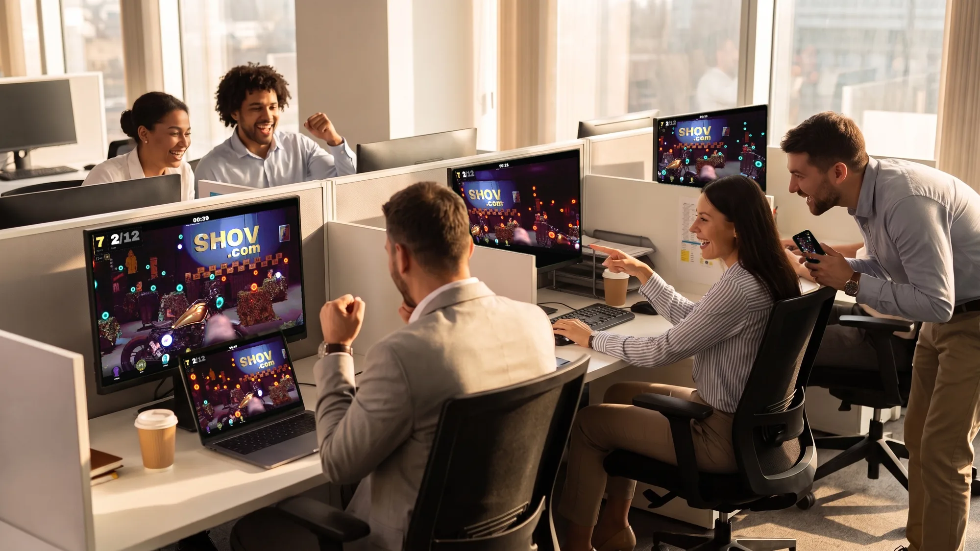 Colleagues at office desks controlling Shov gun turrets from their laptops
